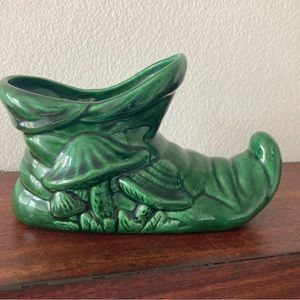 Vintage Green Ceramic Elf Pixie Gnome Boot Shoe Planter with Mushrooms